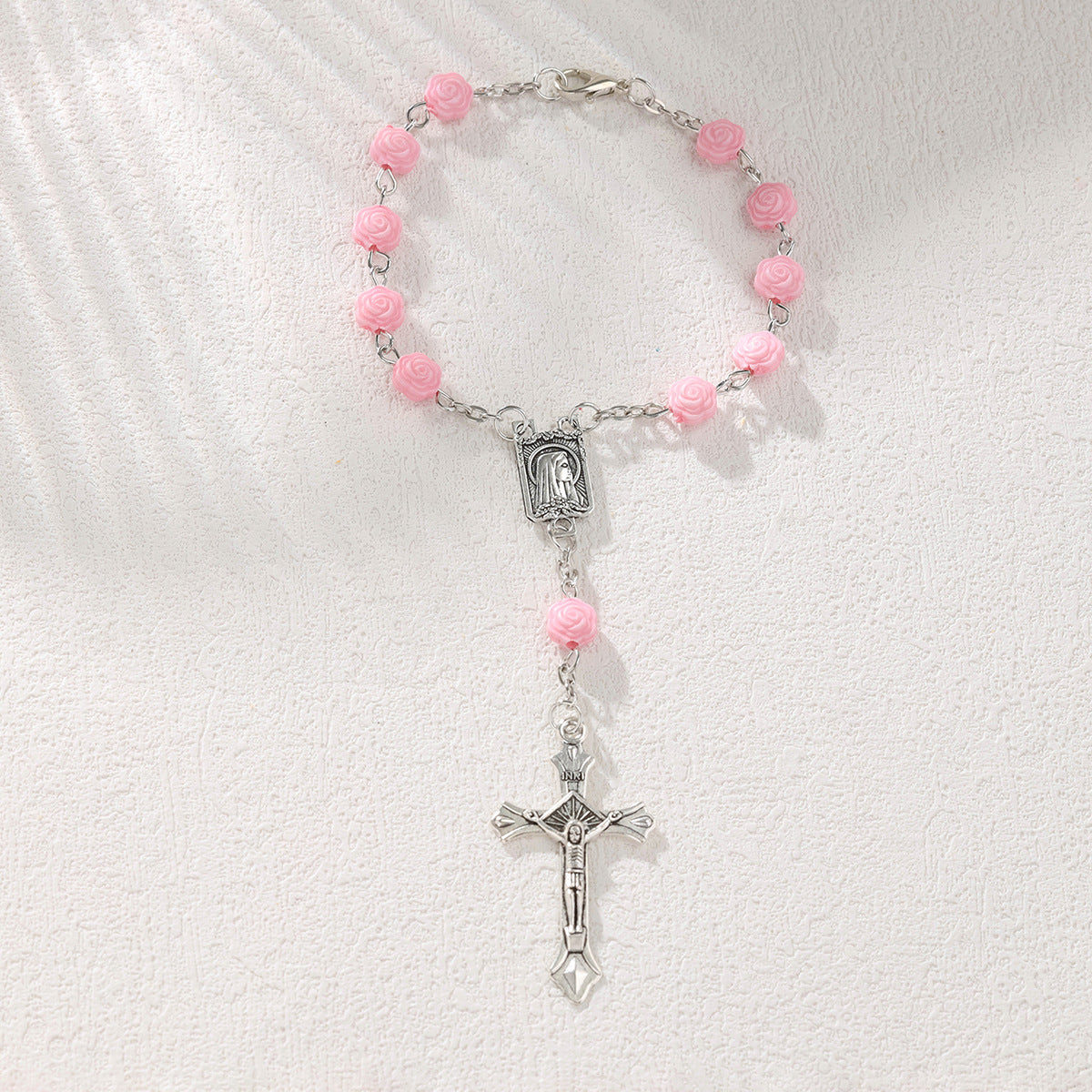 Wholesale 10pcs/pack  Pink Rose Flower Beaded Cross Bracelet Necklace
