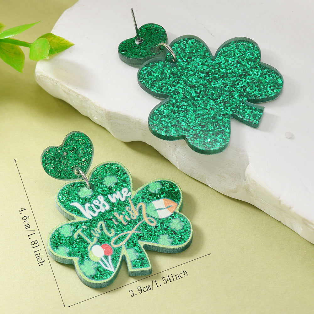 Wholesale St. Patrick's Day Green Hat Lucky Grass Clover Exaggerated Carnival Acrylic Double-Sided Earrings