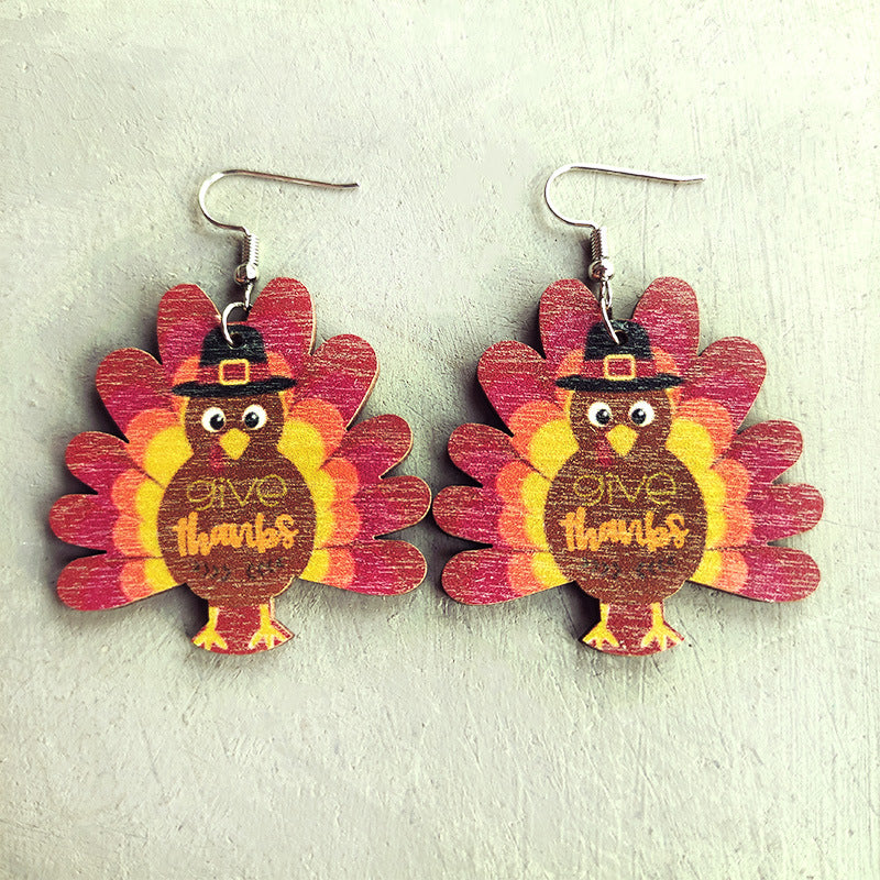 Wholesale Thanksgiving Turkey Water Drop Polka Dot Wooden Earrings