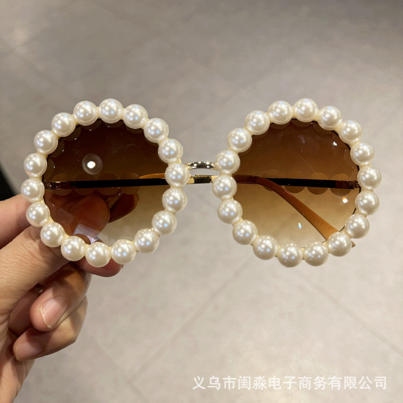 Wholesale Pearl Metal Round Frame Wedding Catwalk Sunglasses