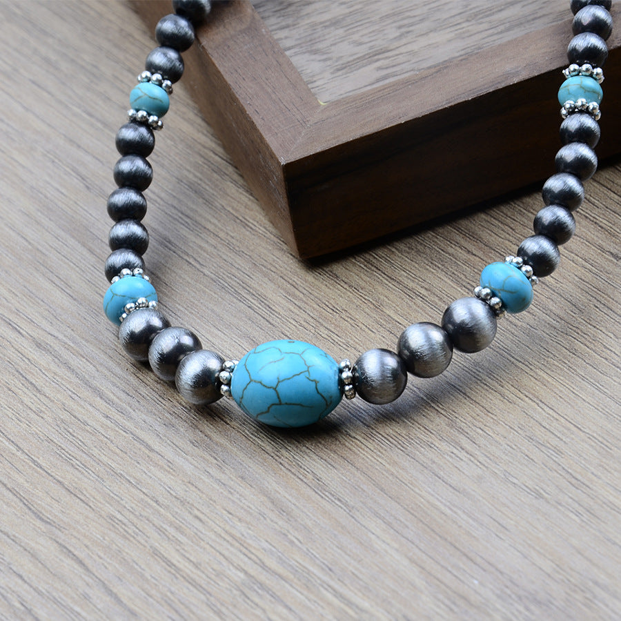 Wholesale Boho Turquoise Necklace Earrings Set Geometric Antique Silver Beaded Jewelry Trendy Fashion Accessory For Gift Resale