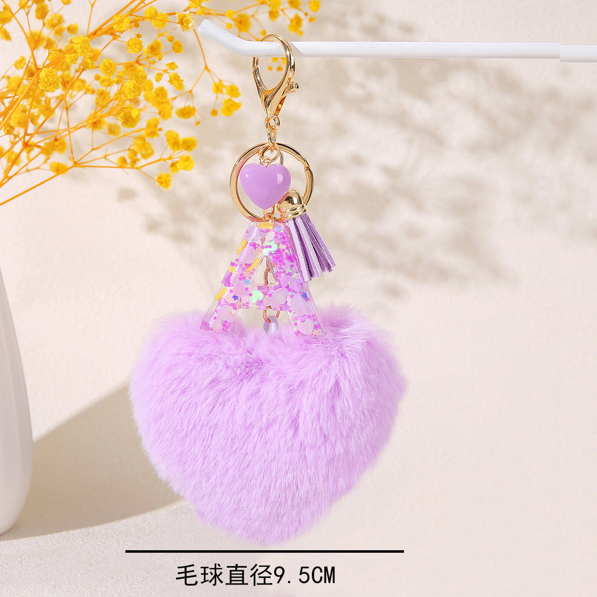 Wholesale in stock Love Shape Hair Ball Letter Keychain Wholesale Glue Sequins 26 Letter Key Ring Girl Backpack Decoration