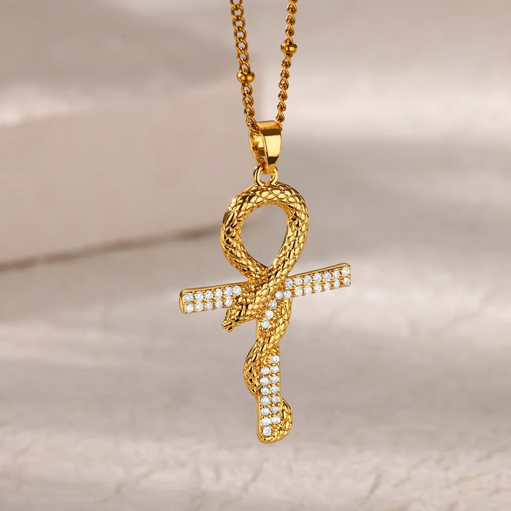 Wholesale Copper Micro-inlaid Zircon Fashion Snake Cross Necklace