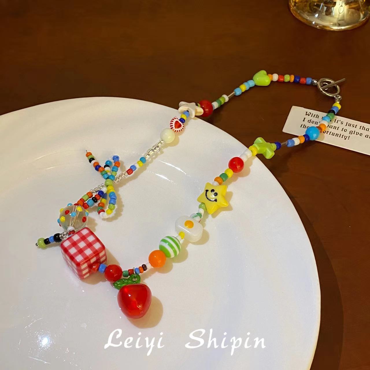 Wholesale Summer Dopamine Colorful Beaded Bow Clavicle Necklace