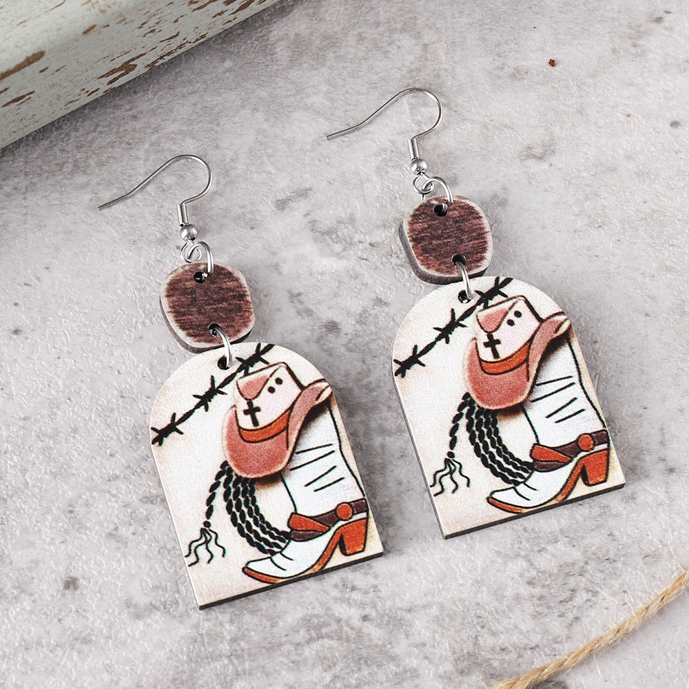 Wholesale Western cowboy cartoon ing double-sided wooden earrings