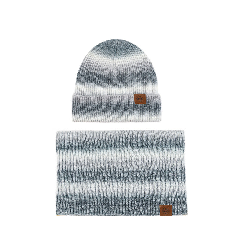 Wholesale Winter Outdoor Warm Tie-dye Knitted Scarf Hat Gradient Color Velvet Suit