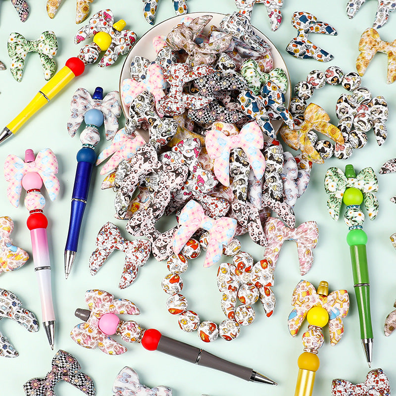 Wholesale  20pcs Bow Print 3D Silicone Bow Focal Beads Beaded Jewelry