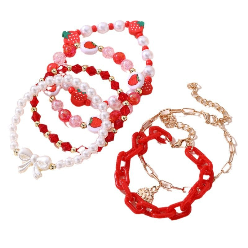 Wholesale Red polymer clay strawberry pearl girl' s bracelet