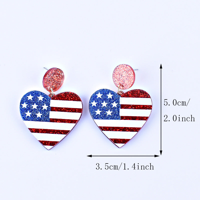 Wholesale American Independence Day Red White and Blue Striped Flag Love Heart Five-pointed Star Earrings