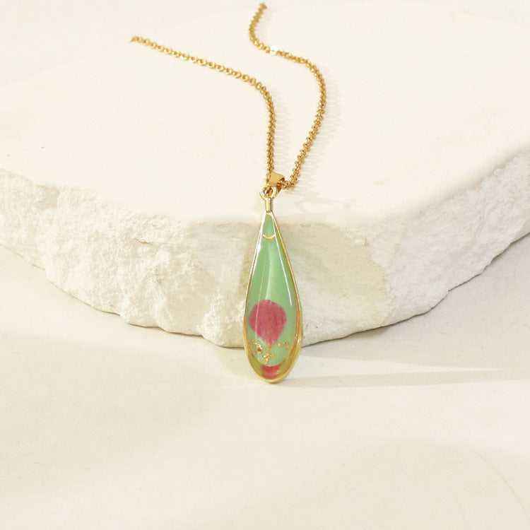 Wholesale 6pcs Resin Colored Dried Flower Pendant Water Drop Necklace