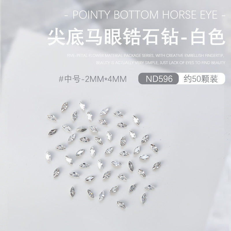 Wholesale 50pcs nail art pointed bottom diamond 5A zircon large, medium and small horse eye diamond special shaped diamond nail decoration