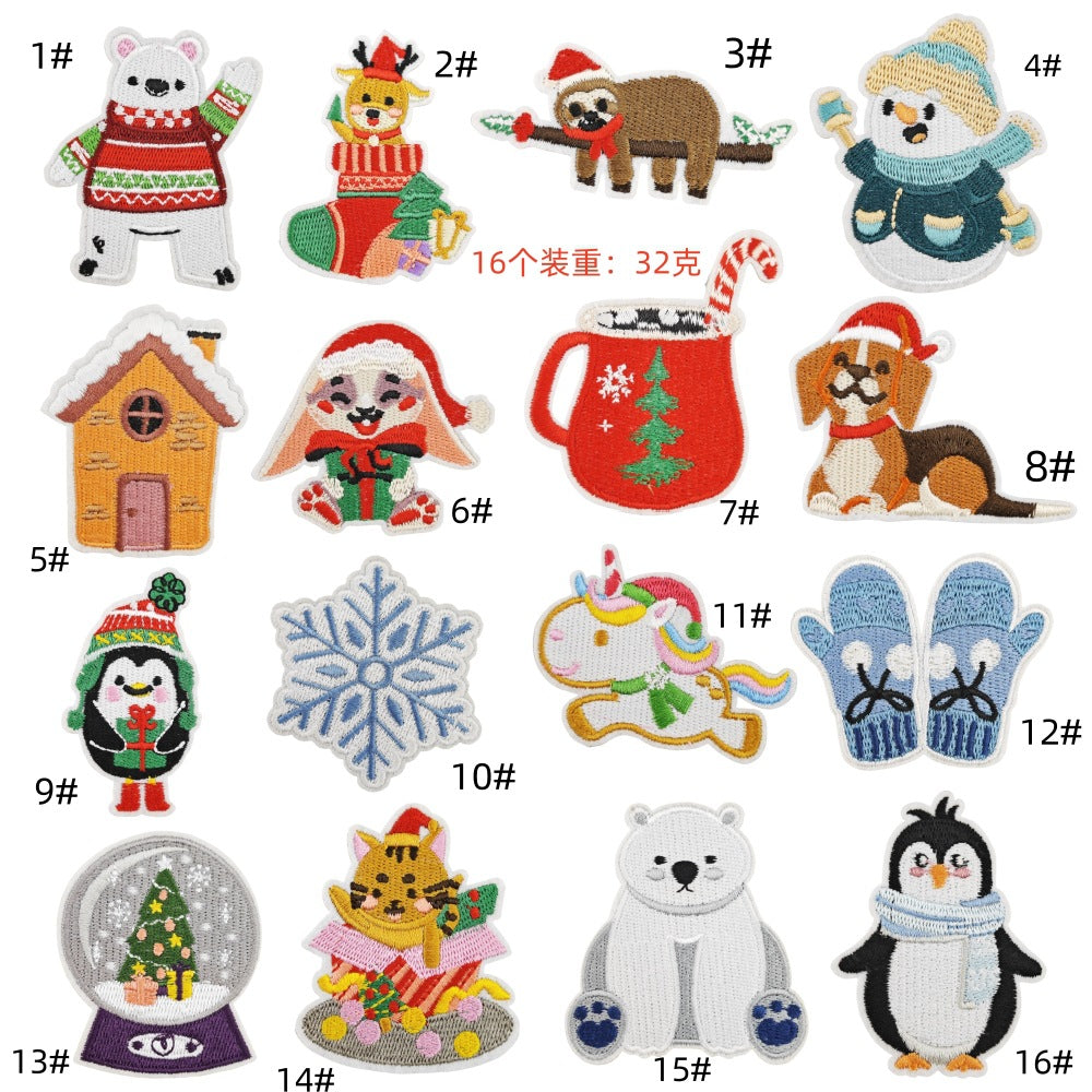 Wholesale 16Pcs Christmas Embroidered Patches Snowflake Cartoon Designs Sewing Craft Supply For Socks Decorative Gift Accessory