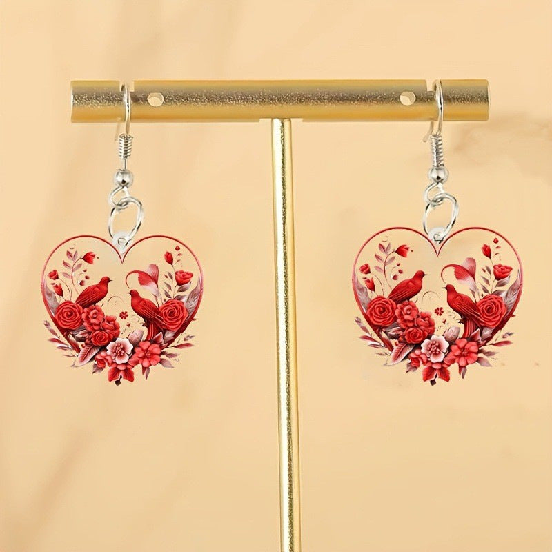 Wholesale Heart shaped Red Flower Valentine' s Day Biwing Earrings