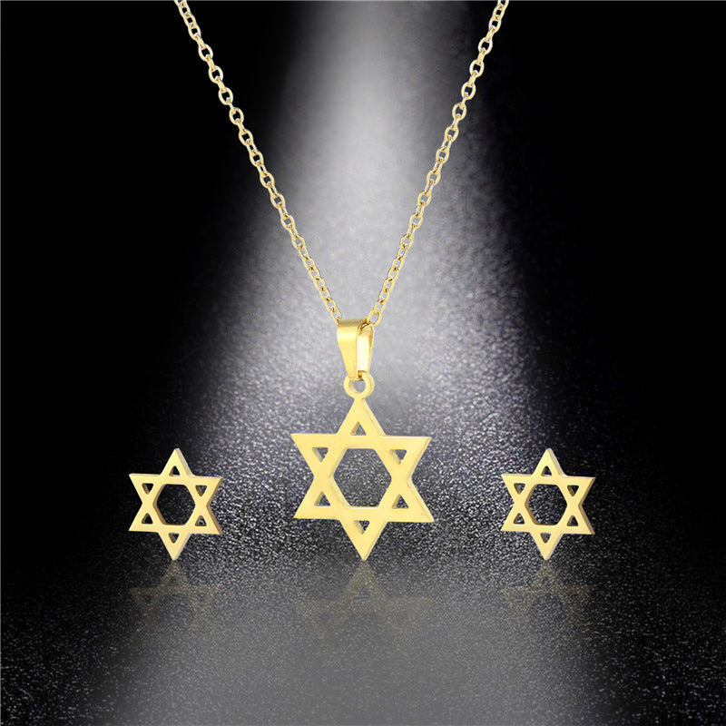 Wholesale Stainless Steel Simple Hollow 18K Gold Star Necklace Earring Set