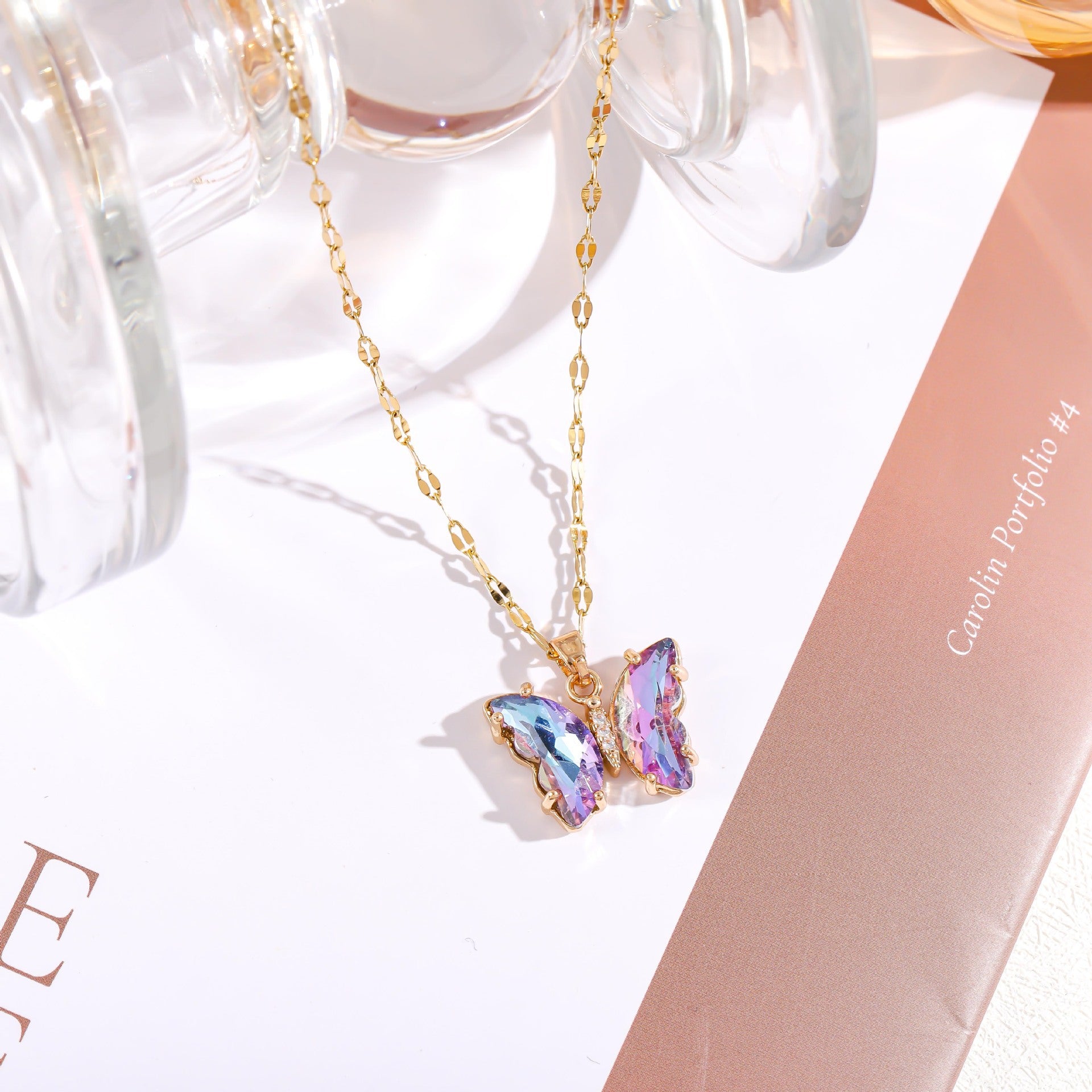 Wholesale Micropaved Zirconia Gradient Colorful Butterfly Necklace