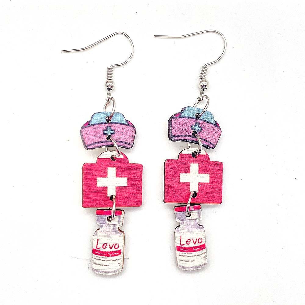 Wholesale Nurse Day Earrings Nurse Uniform Stethoscope Love Pill Wooden Earrings