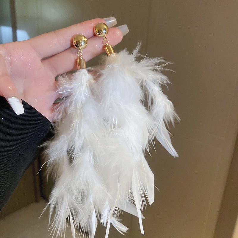 Wholesale Diamond studded bow feather tassel earrings