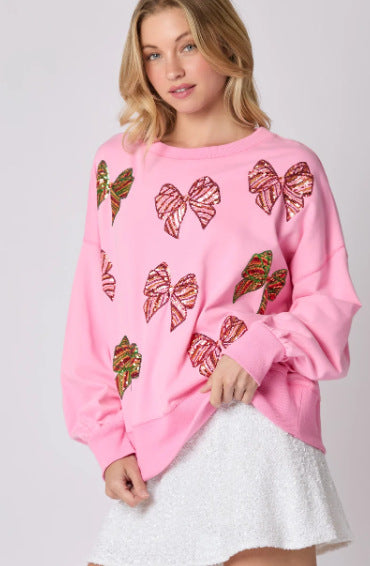 Wholesale Autumn/Winter Christmas Bow Shining Round Neck Long Sleeve Casual Women Clothes