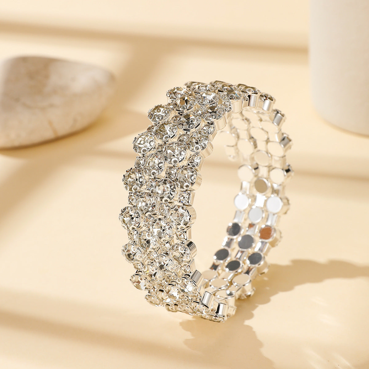 Wholesale Double Row Rhinestone Open Bangle Bracelet Silver Tone Stylish Wedding Jewelry Accessory For Party And Everyday Wear