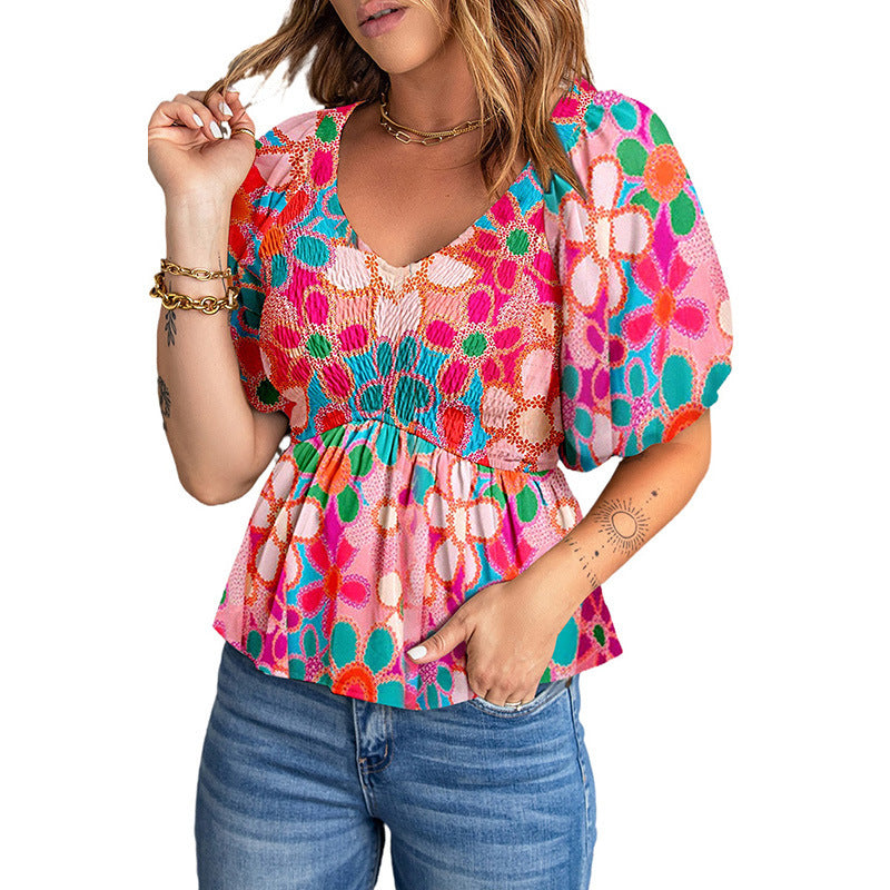 Wholesale Bohemian Chiffon Shirt Waist Waist and Thin Flower Printed Cock Top