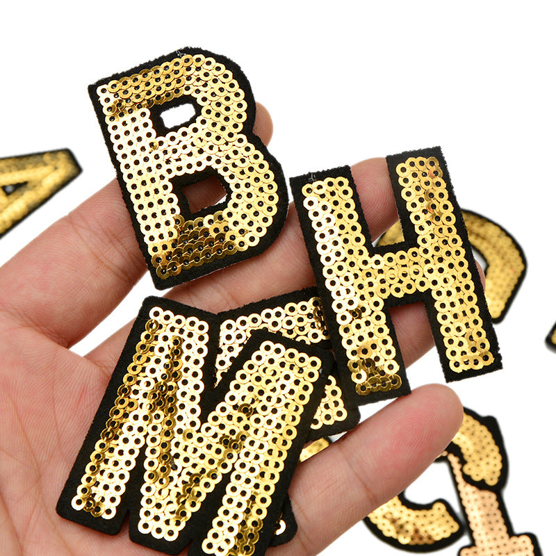 Wholesale Polyester Gold Sequin Alphabet Embroidered Patches For Coats Fashion Clothing Decorative Applique DIY Craft Supply