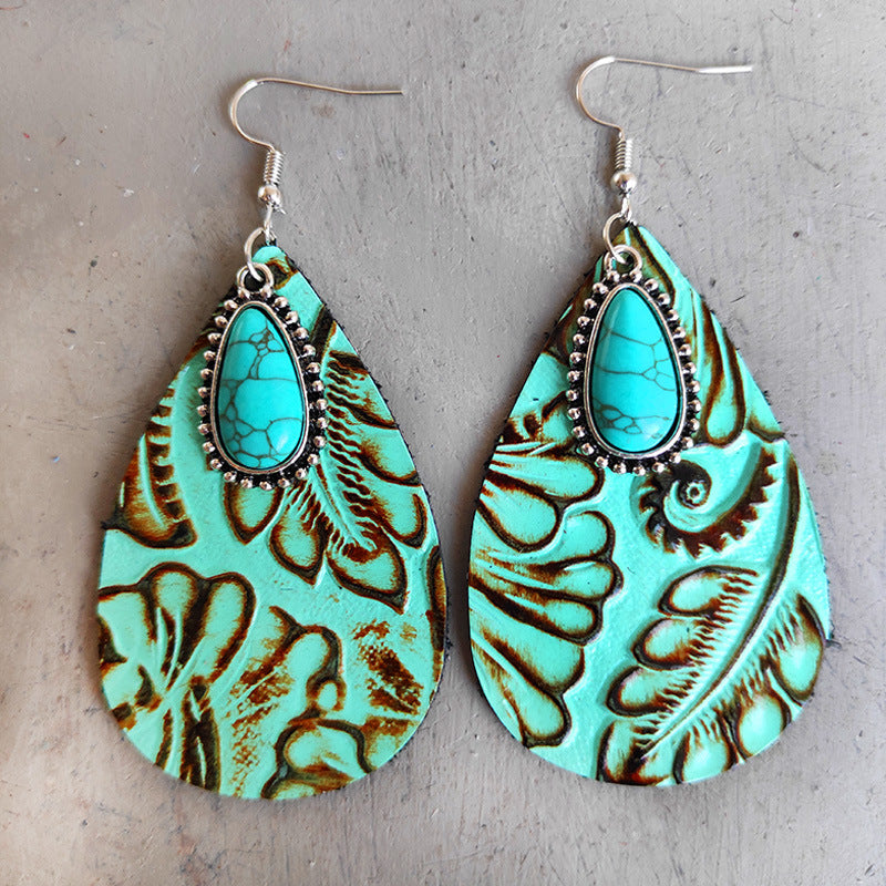 Wholesale Western Style Teardrop Turquoise Leather Earrings Fashion Jewelry Accessory Gift
