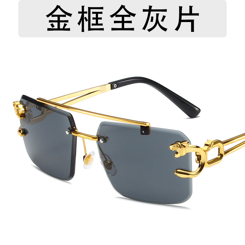 Wholesale Trendy frameless trimming sunglasses leopard head women's outdoor travel sunglasses fashionable wear pull-up glasses men