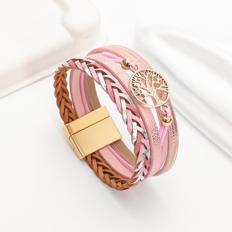 Wholesale Bohemian multi-layered leather hand-woven diamond magnetic clasp bracelet