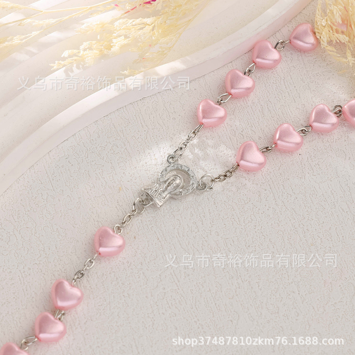 Wholesale 5pcs/pack Love pink rosary necklace cross jewelry