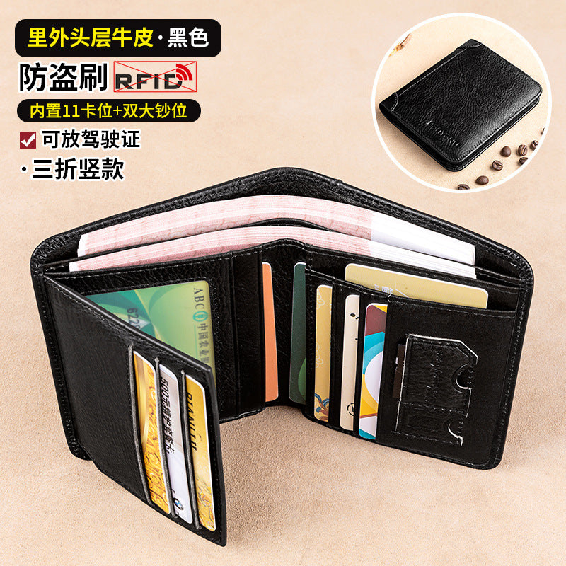 Wholesale Men's Wallet RFID Anti-theft Brushed Genuine Leather Wallet