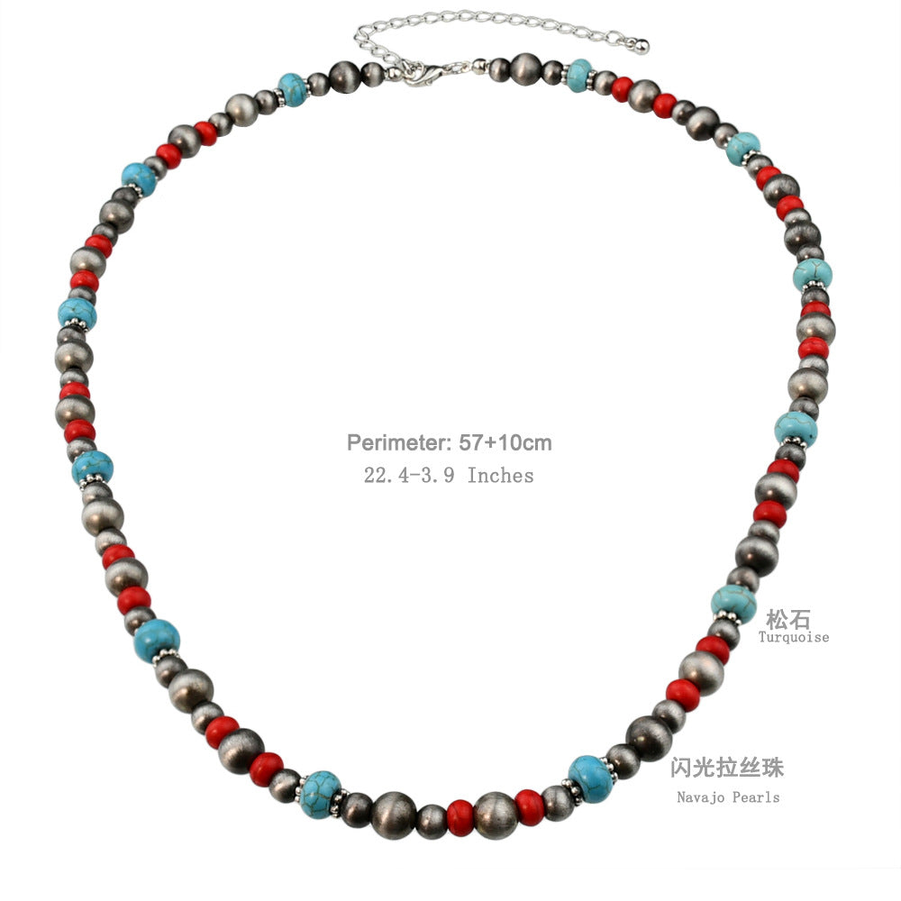 Wholesale Retro Bohemian red turquoise beaded jewelry ethnic style ancient tin necklace earrings bracelet three-piece set