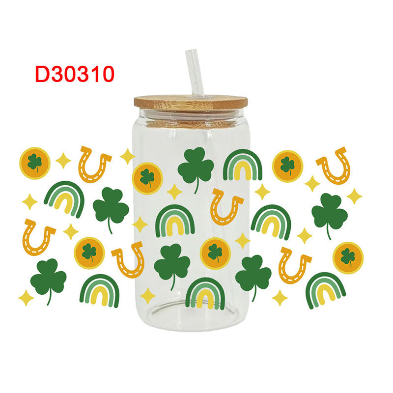 Wholesale Green Cartoon Four-Leaf Clover 16oz Cup UV DTF Wraps