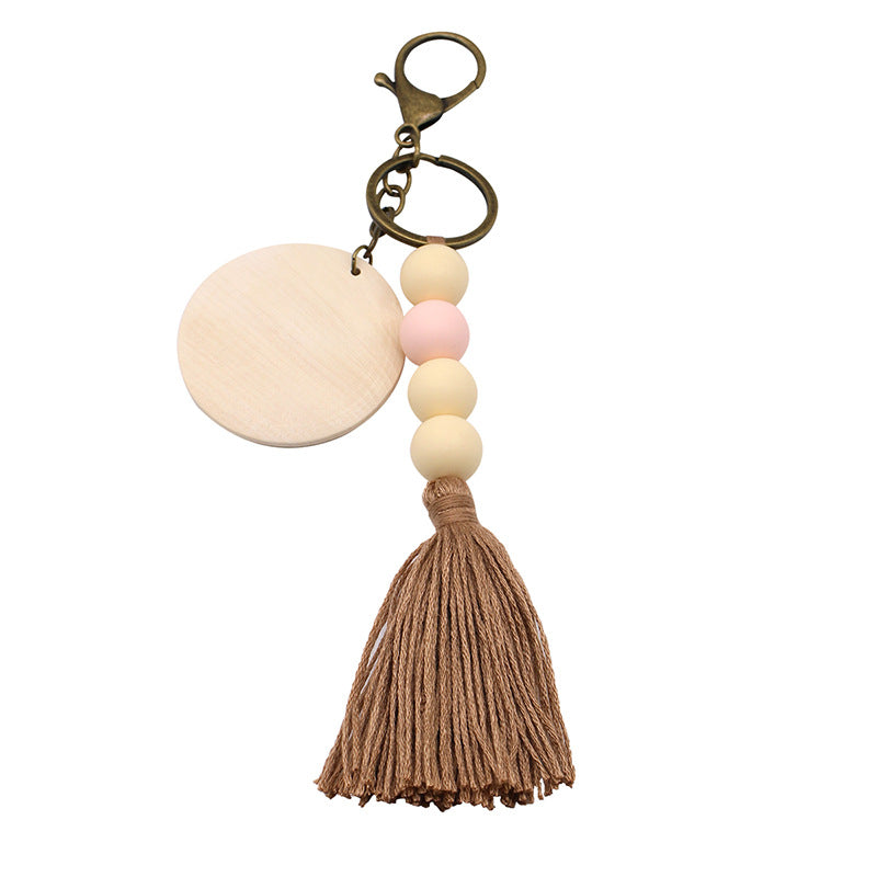 Wholesale Round Wood Chips Strung Tassel Keychain