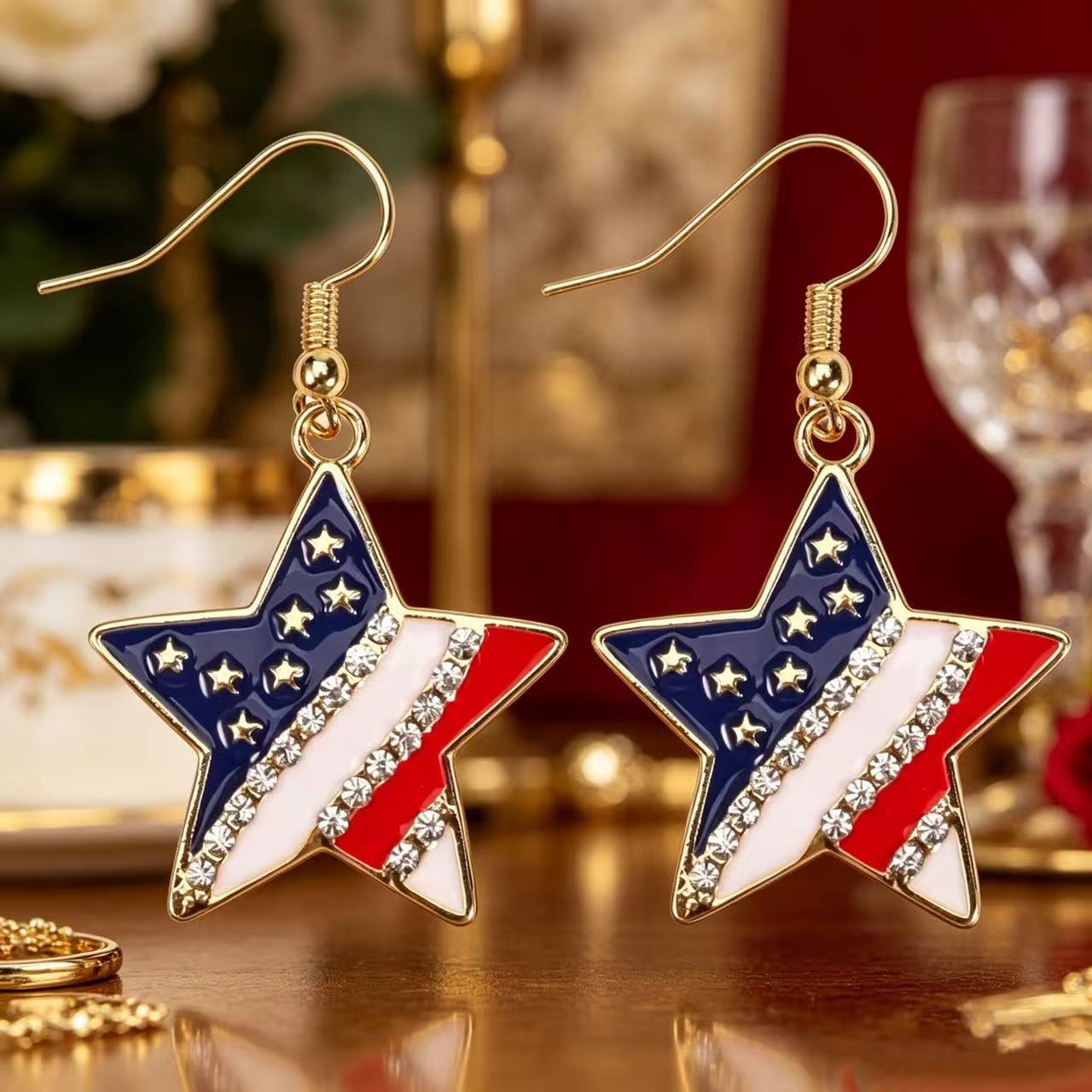 Wholesale Patriotic Star Heart Earrings For Women Red White Blue Rhinestone Alloy Independence Day Fashion Jewelry Accessory Gift