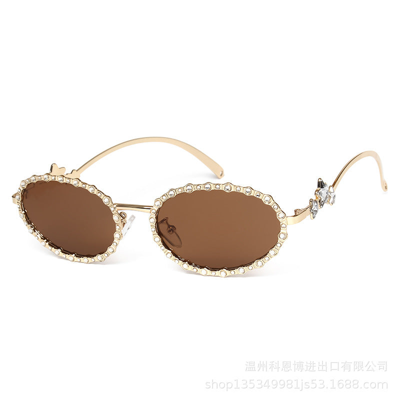 Wholesale Small frame diamond encrusted oval metal pentagram sunglasses
