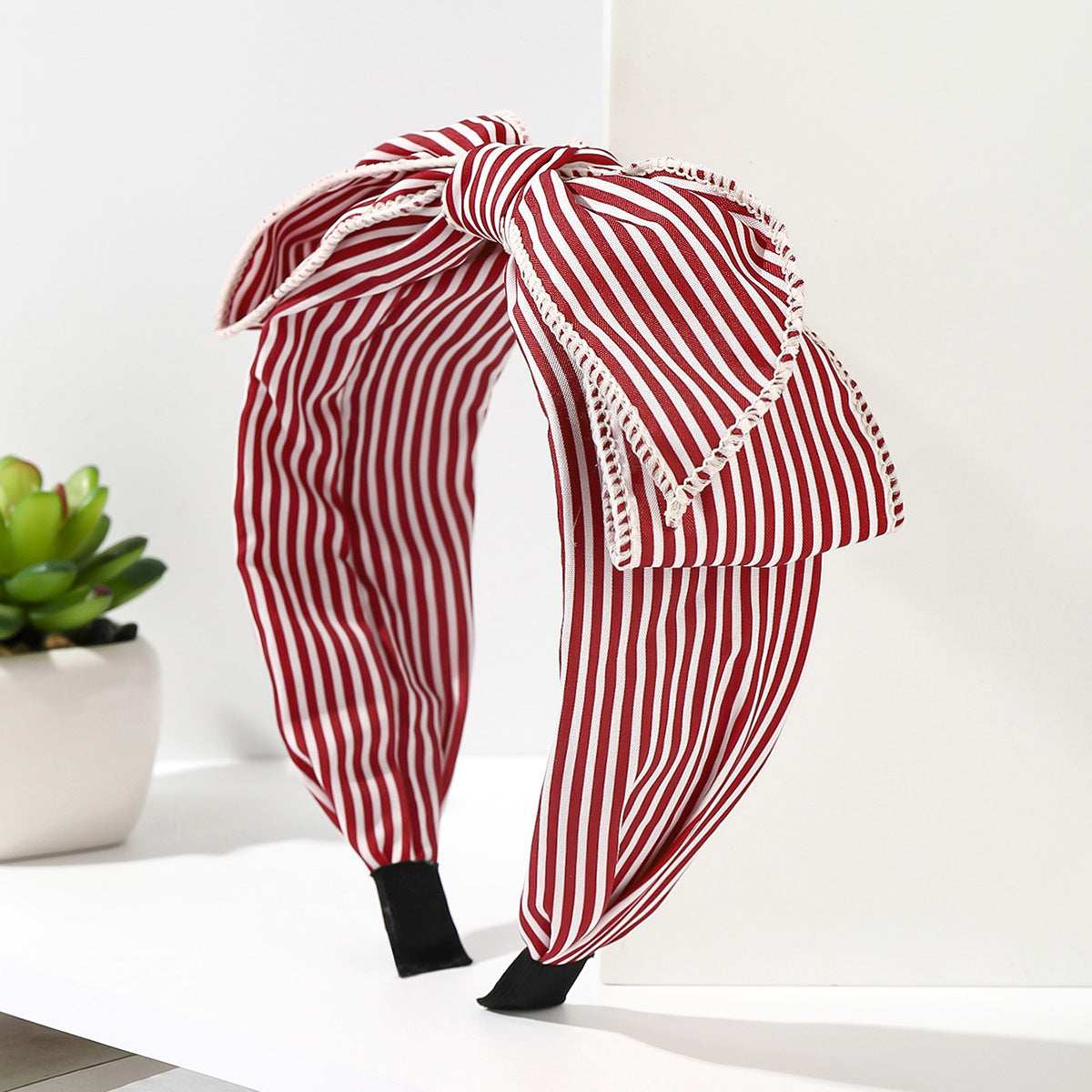 Wholesale Fabric red striped plaid solid color cherry heart wide brim bow headband