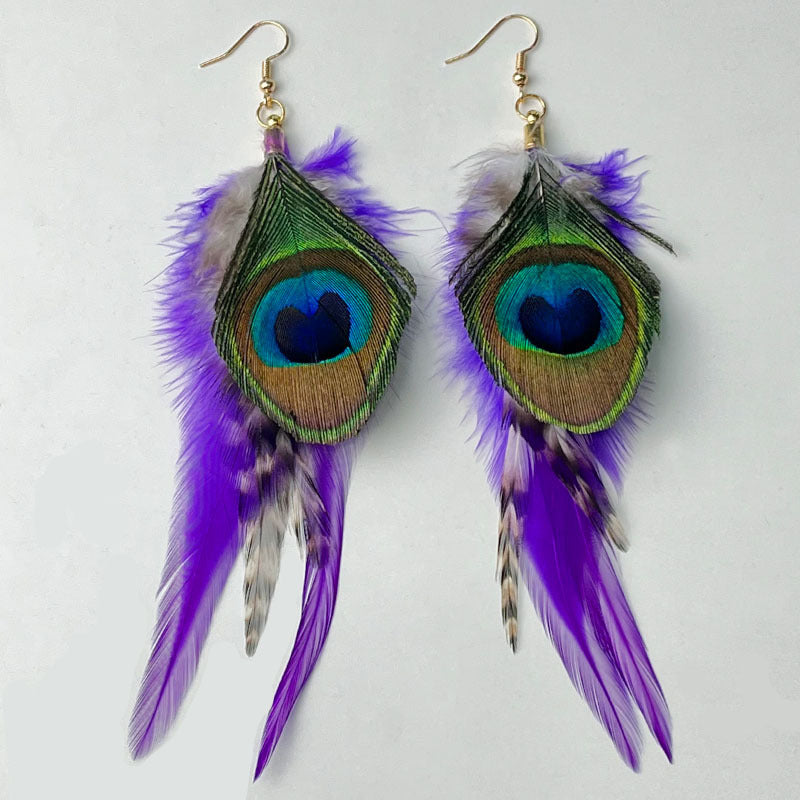 Wholesale Feather Purple Yellow Green Peacock Feather Wild Atmosphere Earrings