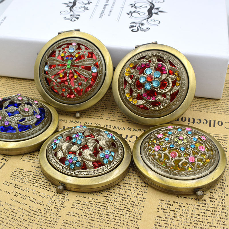 Wholesale Vintage Copper Hollow Double-sided Folding Portable Metal Makeup Mirrors