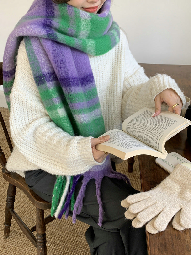 Wholesale rainbow plaid fringed mohair thickened scarf