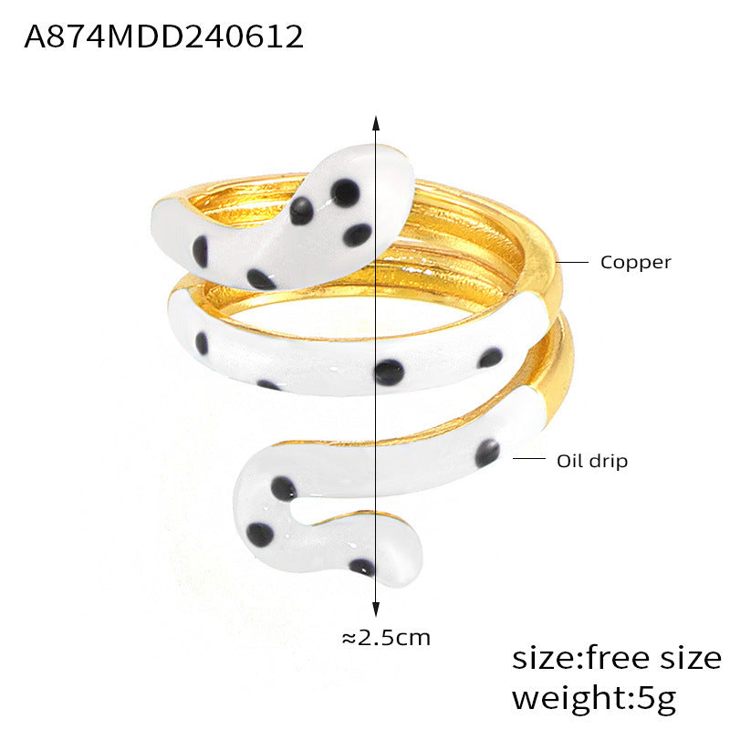 Wholesale Bohemian style color oil drop snake copper ring ins sweet cool hot girl open finger ring color retention in stock supply