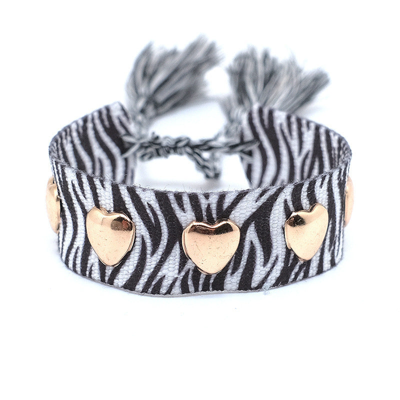 Wholesale Polyester Cord Weaving Leopard Print Love Letter Embroidery Tassel Bracelet