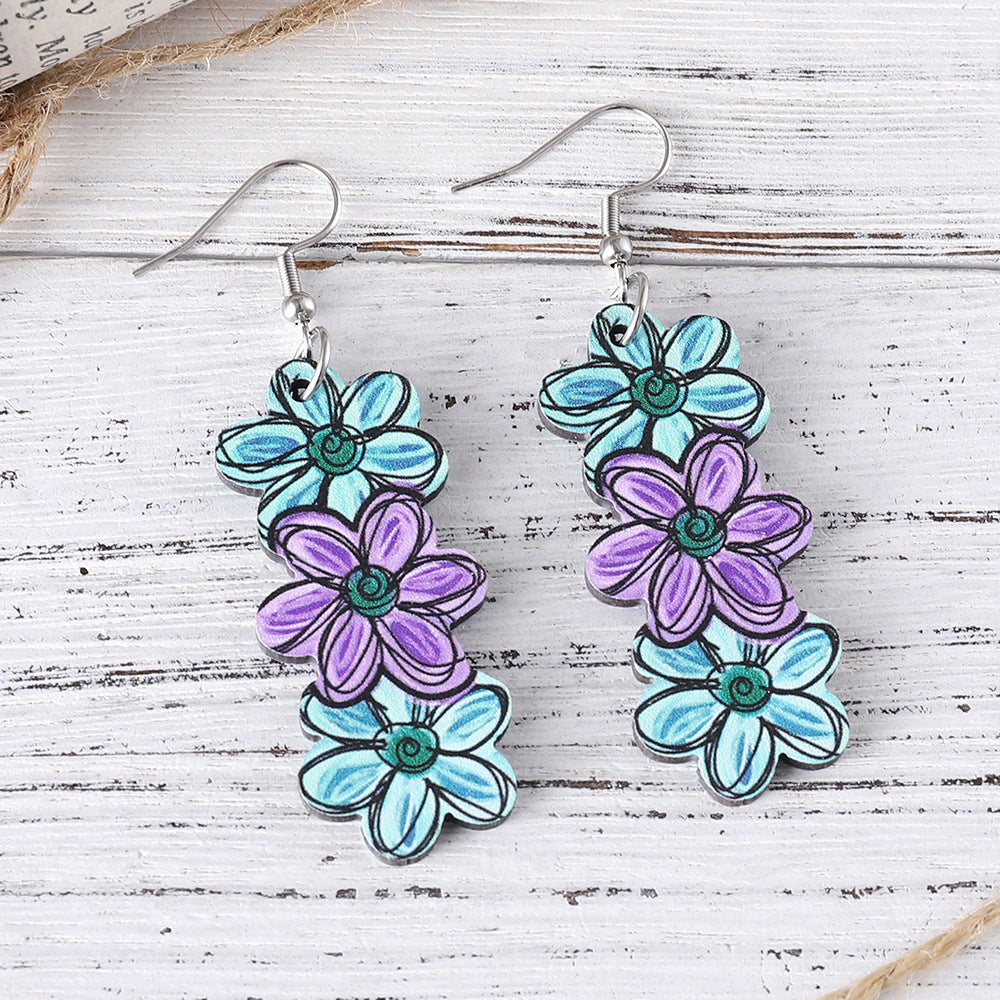 Wholesale Bohemian Color Flower  Wooden Double-Sided Earrings