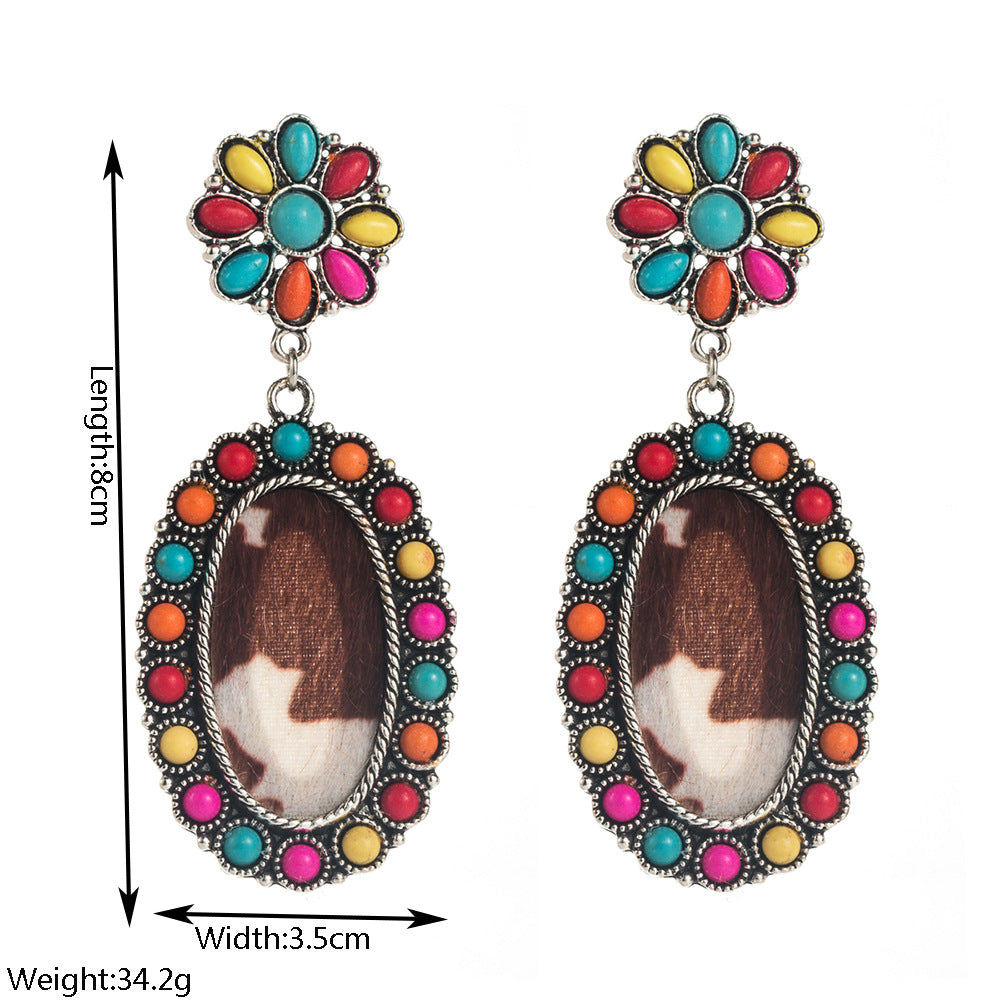 Wholesale Turquoise-set leopard print leather earrings