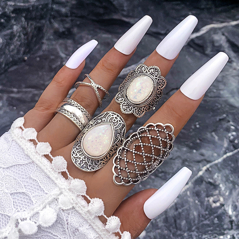 Wholesale Black and White Emerald Ring Retro Oil Dropping Cross Hollow Wide-brimmed Ring 5-piece Set