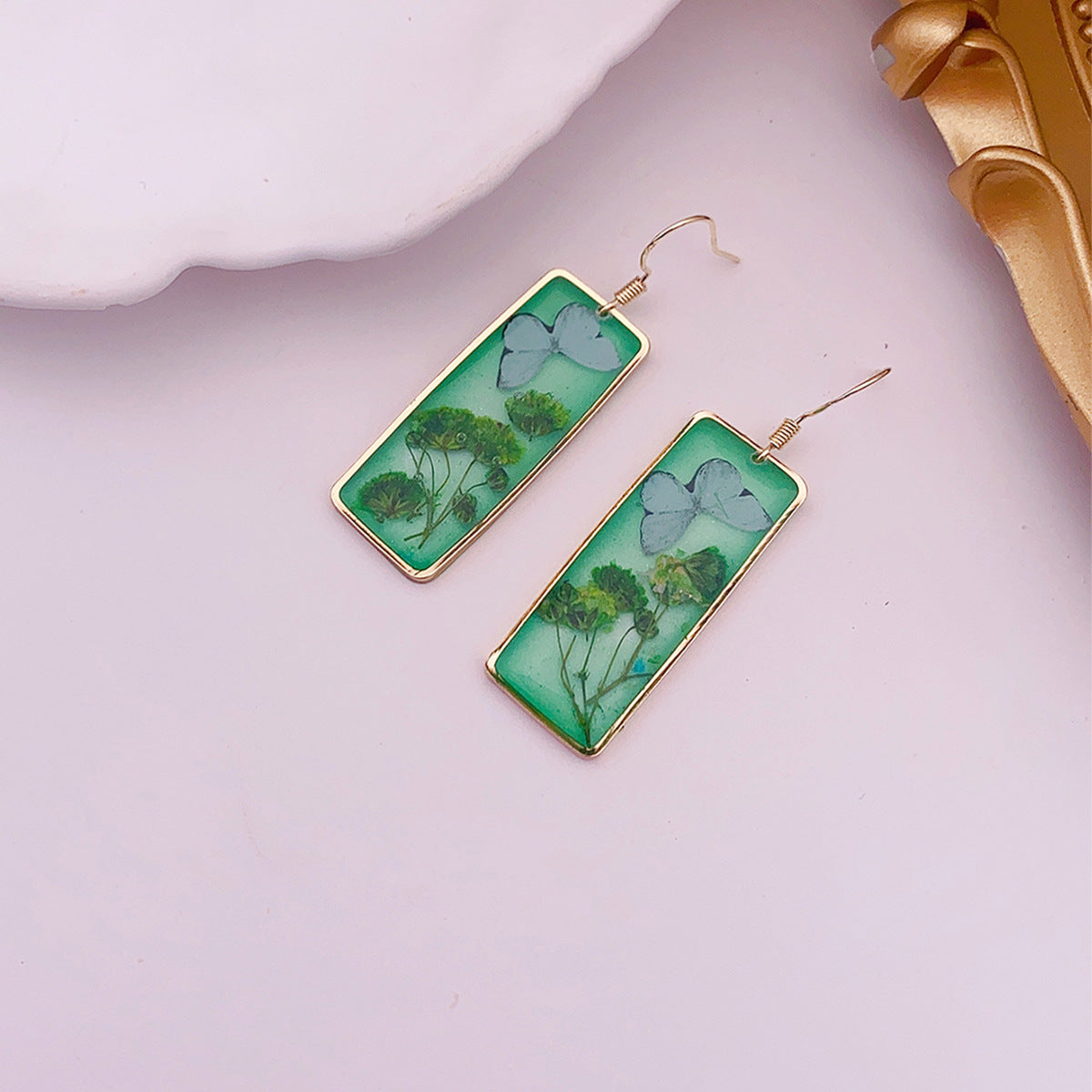 Wholesale Butterfly Drop Glue Preserved Flower Rectangular Earrings
