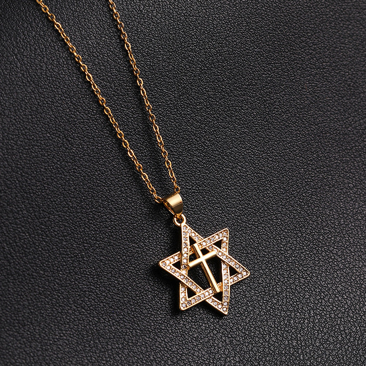 Wholesale Gold-plated micro-paved zircon star pendant cross necklace