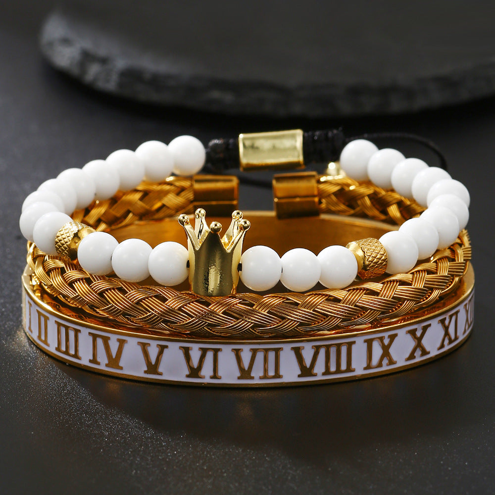 Wholesale Zircon Skull Crown Stainless Steel White Oil Drop Roman Numeral Bracelet Set