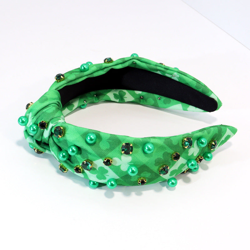 Wholesale Diamond Check Headband Retro Wide-rim Printed Plant Clover Knotted Headband Holiay Hair Accessories