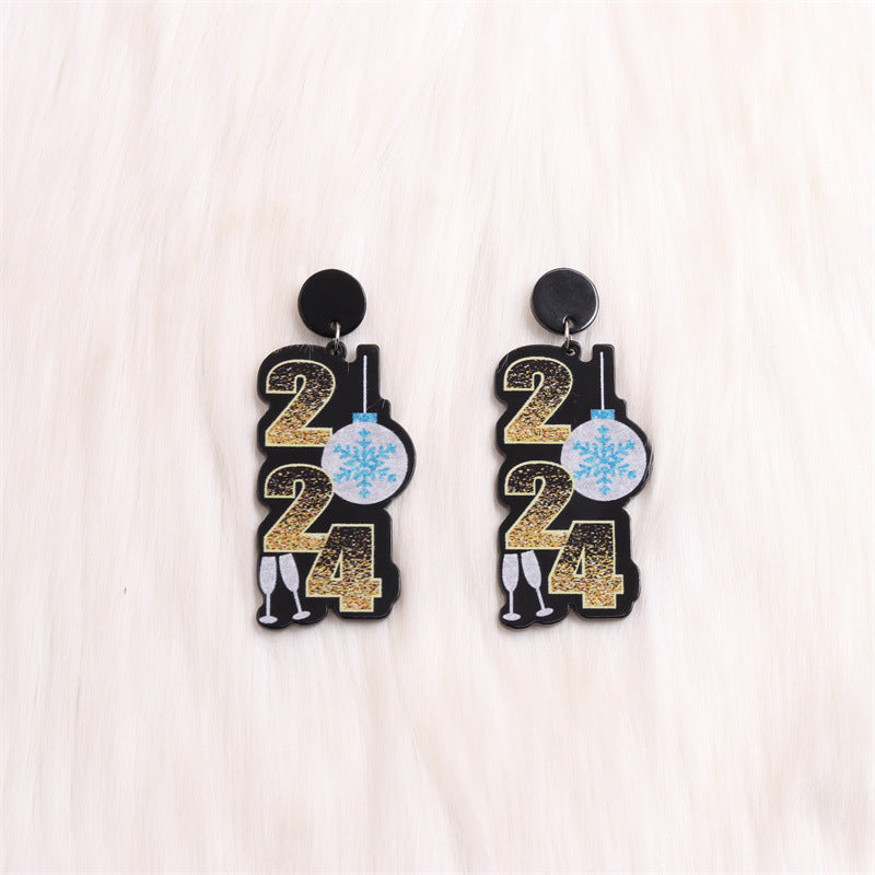 Wholesale 2024 New Year Five-Pointed Star Wine Glass Snowflake Acrylic Earrings