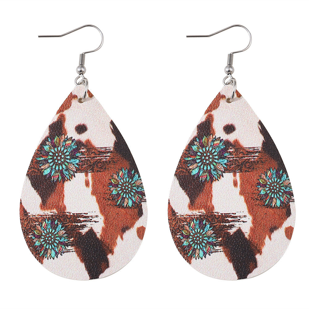 Wholesale cow pattern turquoise sunflower earrings double-sided PU leather drop earrings